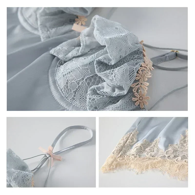 새로운 섹시한 잠옷 레이스 언더와이어 홀터 나이트드레스 아우터웨어 세트 가슴 쿠션 포함 홈웨어 섹시한 속옷 슬립웨어 드레스