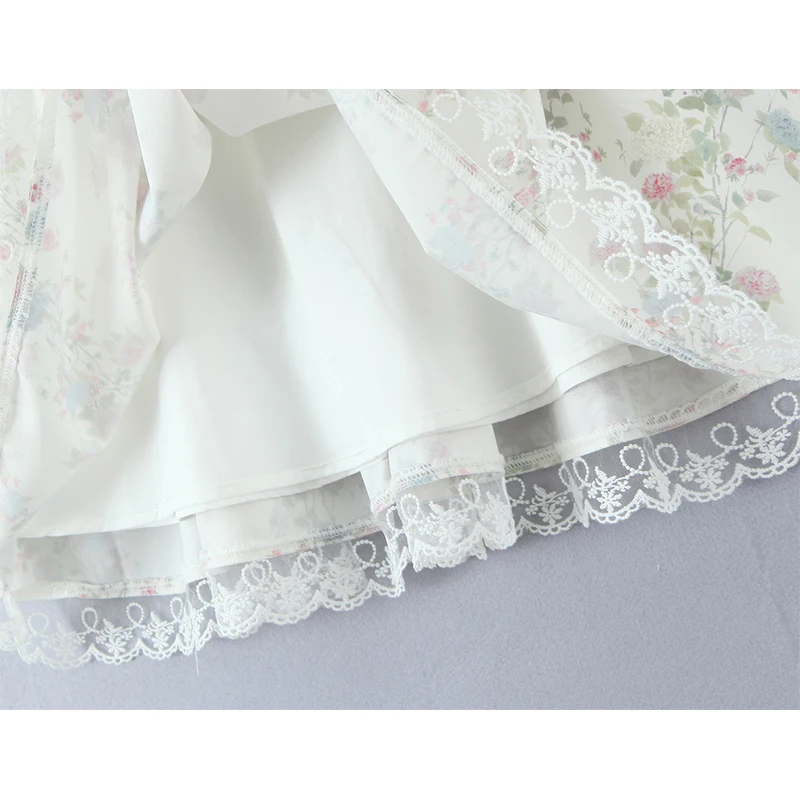 우아한 플로럴 프린트 미니 드레스 여성 스윗 걸 레이스 스플라이스 백리스 A라인 플라잉 슬리브 드레스 2025 신상 여름 휴가 로브