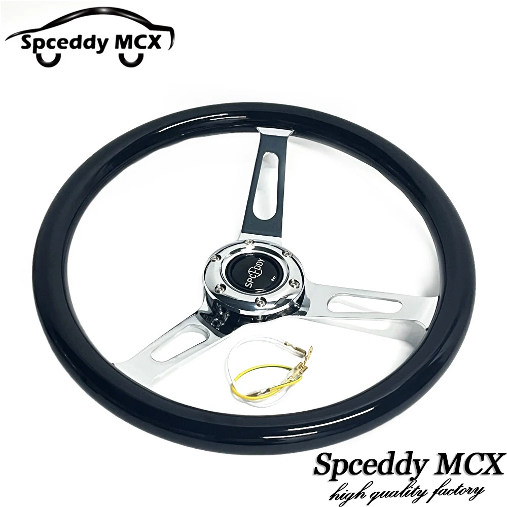 Spceddy MCX Solid Wood Steering Wheel 350mm Universal Wooden Steering Wheel 14inch Long Hole Silver Chrome Iron Spoke Black