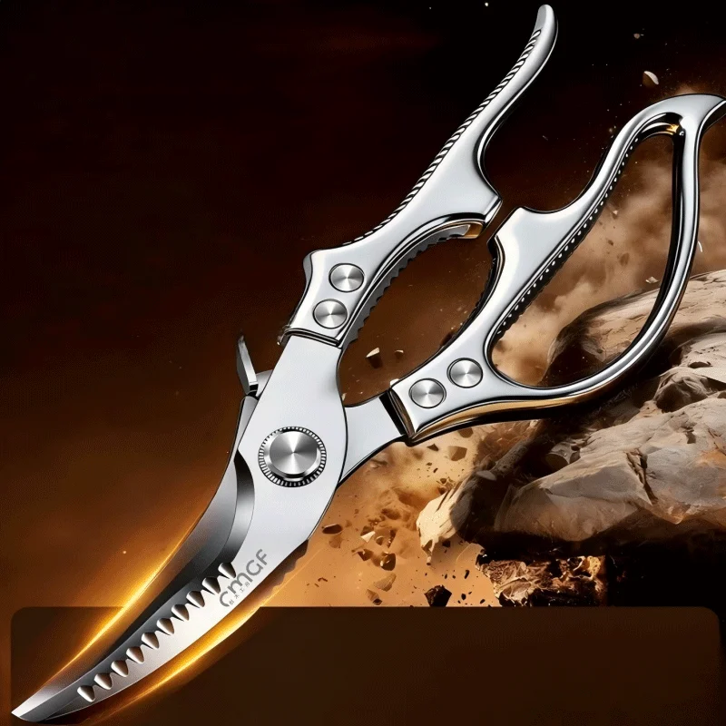 Multifunctional kitchen scissors made of strong stainless steel, suitable for cutting seafood and crabs, with a thickened, non-slip design. They can cut crab and shrimp shells, chicken, duck, and fish bones, and come with a bottle opener, nutcracker, fish scale scraper, and other multifunctional features in one. They are sharp, rust-resistant, and designed specifically for kitchen use