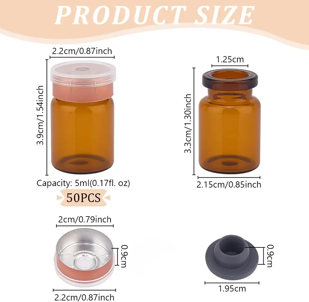 50 Stück 3ml/5ml/7ml/10ml/15ml/20ml/30ml Glasfläschchen mit Gummistopfen, luftdichter Behälter für Flüssigkeiten, Aufbewahrungsbox für Laborzwecke – Detail 2