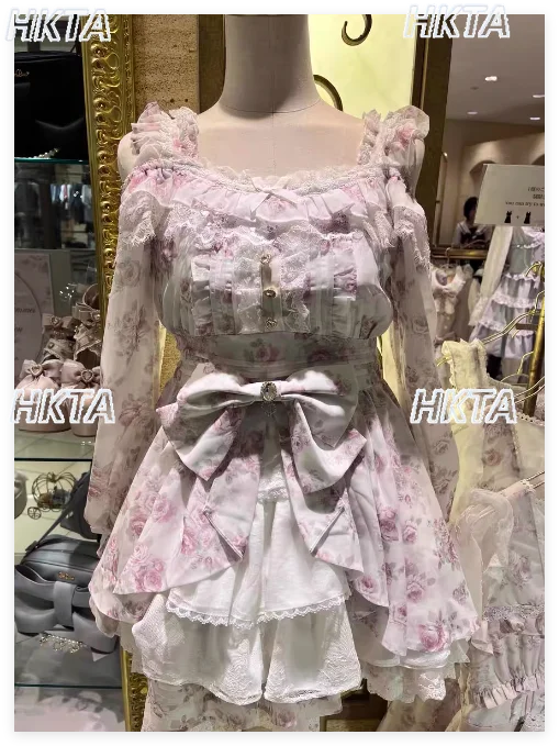 

Комплект платья Liz, женское японское милое платье в стиле Лолиты с рюшами и кружевными ремешками, массовое производство, платье с лентой и принтом роз, короткая юбка, комплект из 2 предметов