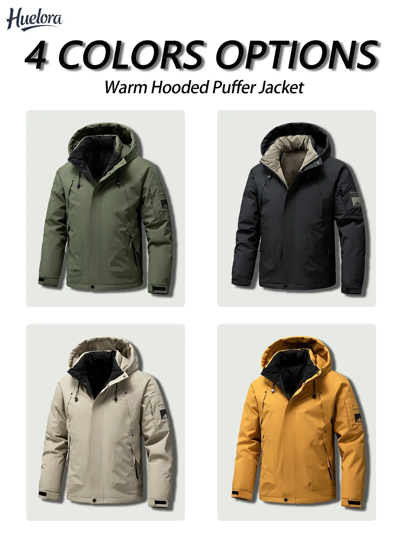 Men Winter Hooded Puffer Jacket Windproof Warm Padded Coat Velcro Cuffs Outdoor Hiking Camping Casual Outerwear 4 Colors