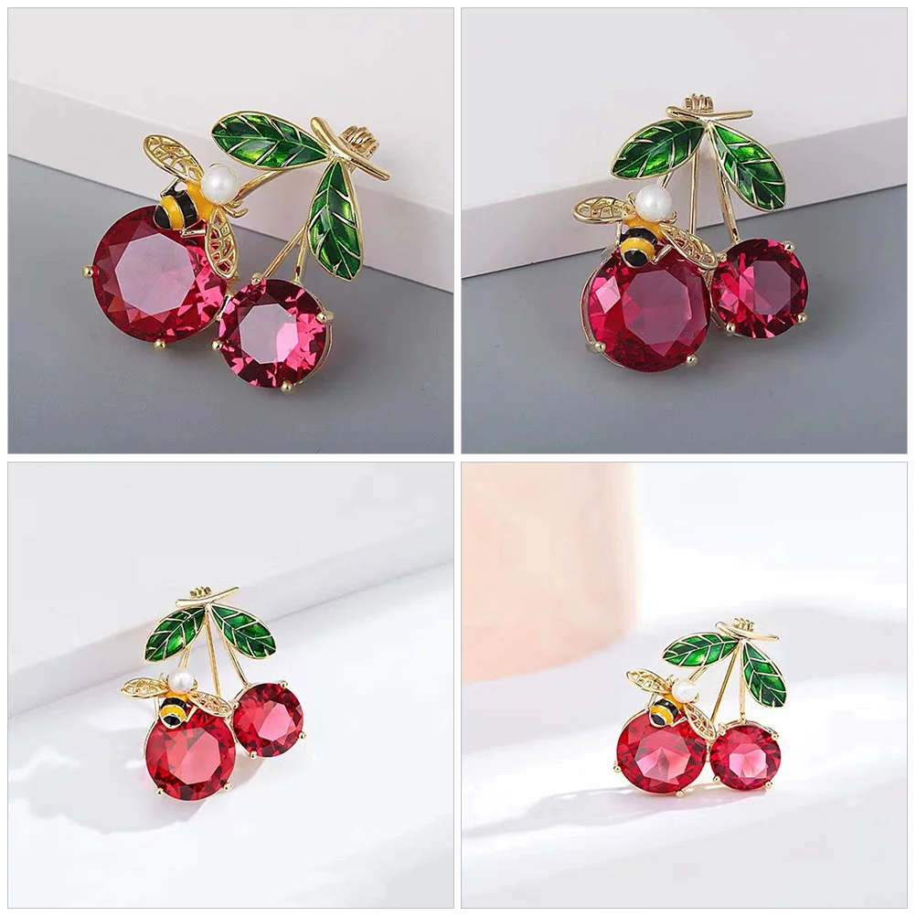 Cherry Bee Brooch Pearl Pins for Women Chain Decorations Earrings Floral Ornament Scarf