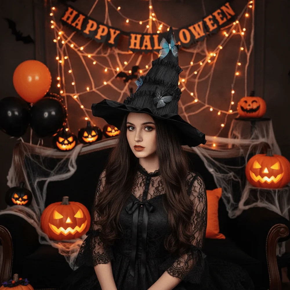 Gothic Halloween Hat Tall Pointed Cone Top Mesh Yarn Women's Wizard Cap Bendable Removable Ruched Masquerade Cap Masquerade Ball