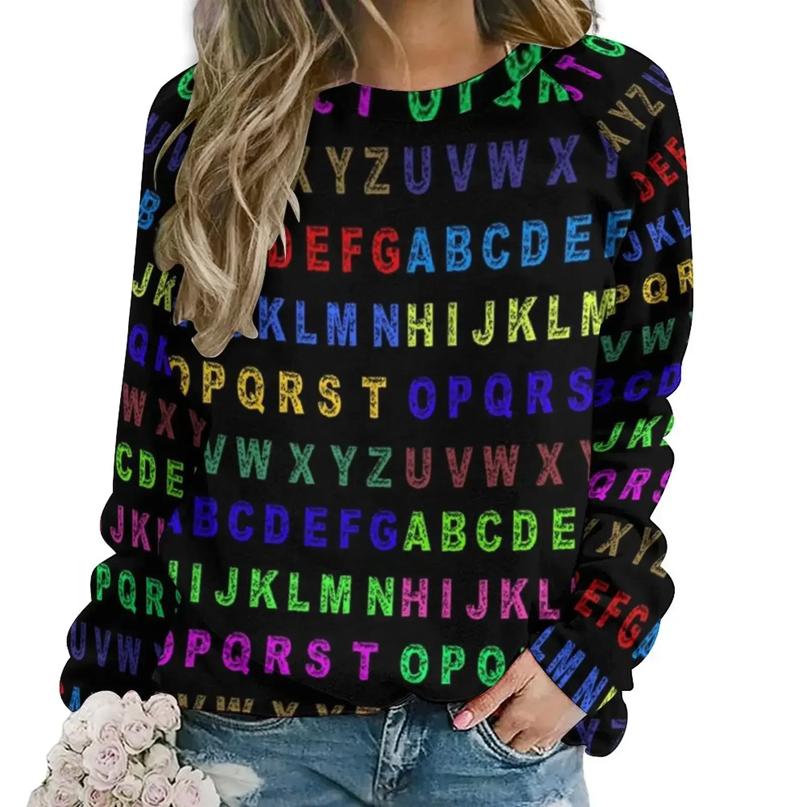 

Colorful Abstract Letters Hoodies Women Aphabet Print Hip Hop Casual Hoodie Winter Long Sleeve Aesthetic Graphic Tops Large Size