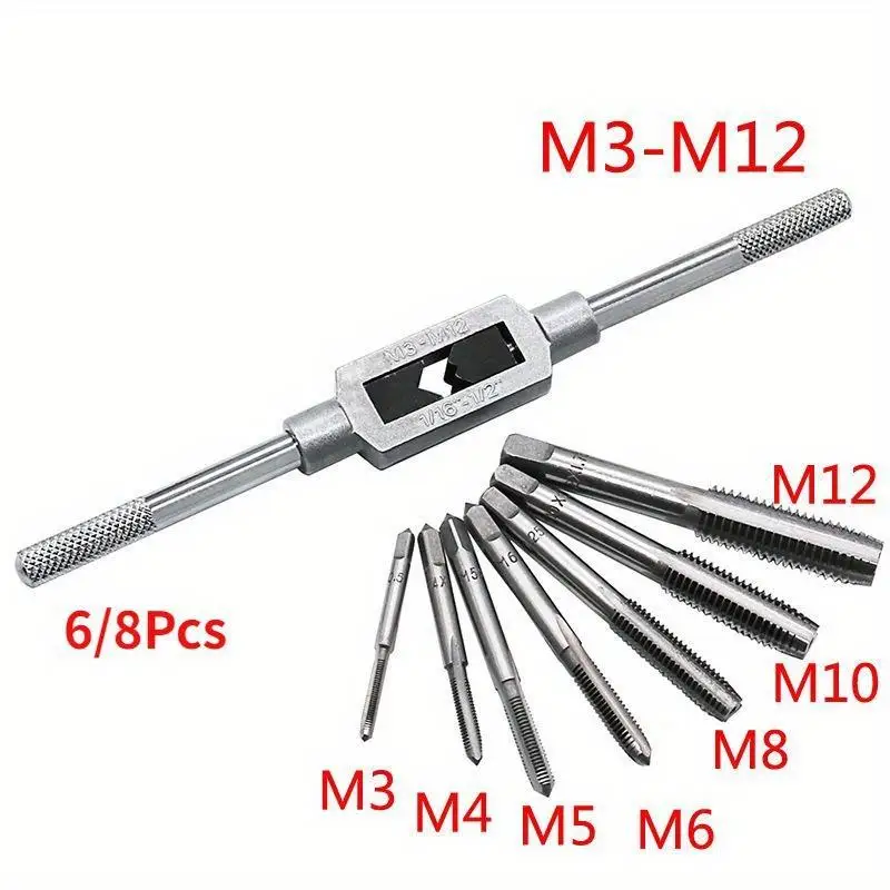 6/8 Stück HSS Handgewindebohrer-Schraubenschlüssel, metrischer Gewindebohrer M3 M4 M5 M6 M8 M12 für Metall- und Holz-DIY-Werkzeuge