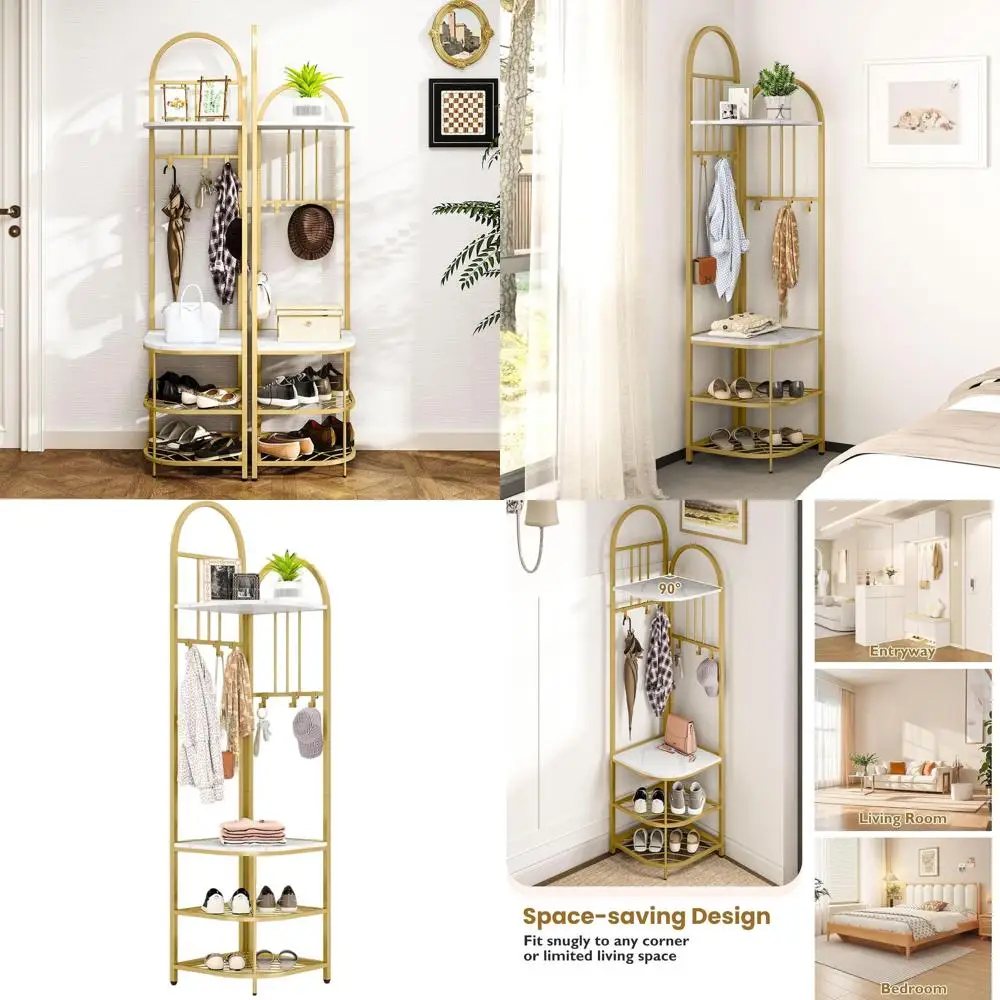 

Высокая вешалка для прихожей 71 дюймов с банкеткой для обуви, 4 полками, 6 крючками - Металлическая система хранения для прихожей, спальни, гостиной