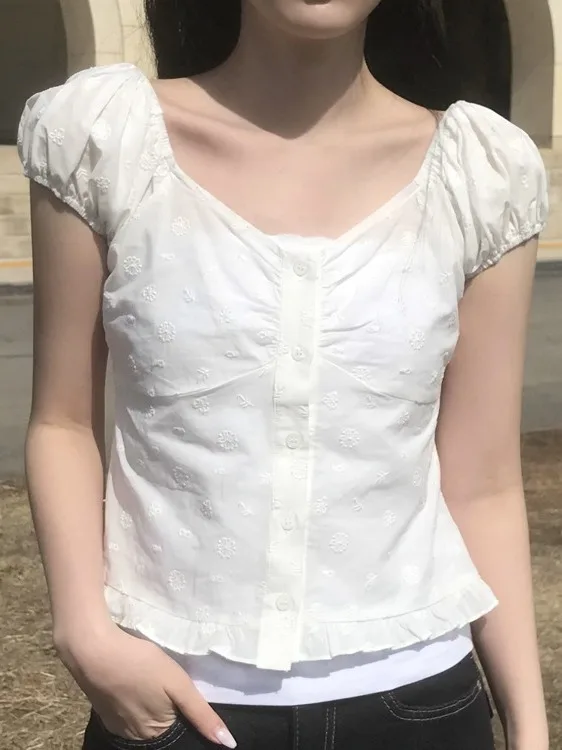 Sweet Wood Grain  Bubble Sleeve Short Shirt Women's Slim Fit Korean Style Top Small Size Inner Wear Summer Fashion