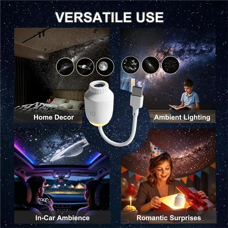 6 In 1 USB HD Galaxy Star Projection Lamp Plug& Play LED Night Atmosphere Light 360° Adjustable Star Projector