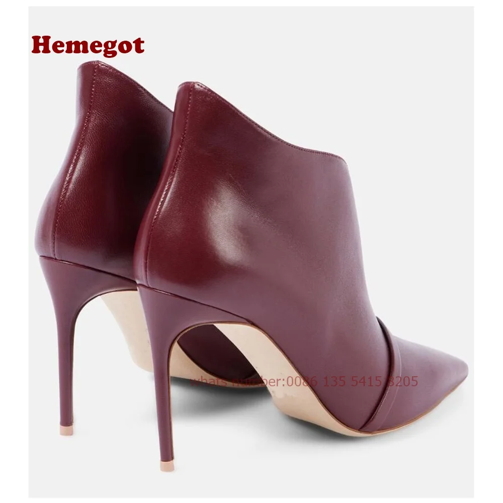 Burgundy V-Cut Ankle Boots Pointy Toe Stiletto Heels Women's Booty Slip On 2024 Winter Casual Shoes Thin High Heeled Sexy Shoes