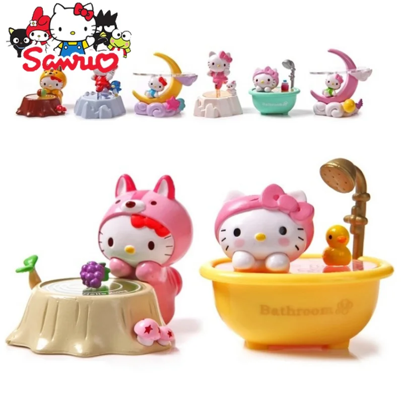 MINISO Hello Kitty Cartoon Assembled Doll Moon Bathtub Scene Figure Cake Ornament PVC Action Figure Doll Ornaments for Kids 4cm