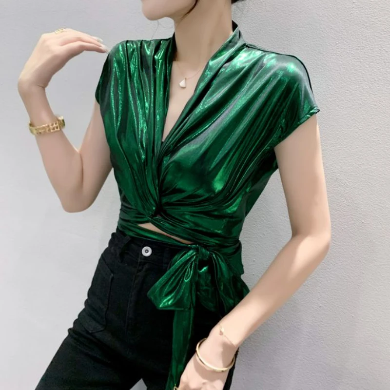 Shiny Short Sleeve Wrap Blouse Shirts Women Summer Bandage Silver Glitter Top Female V Neck Party Club Fashion Woman Blouse 2023