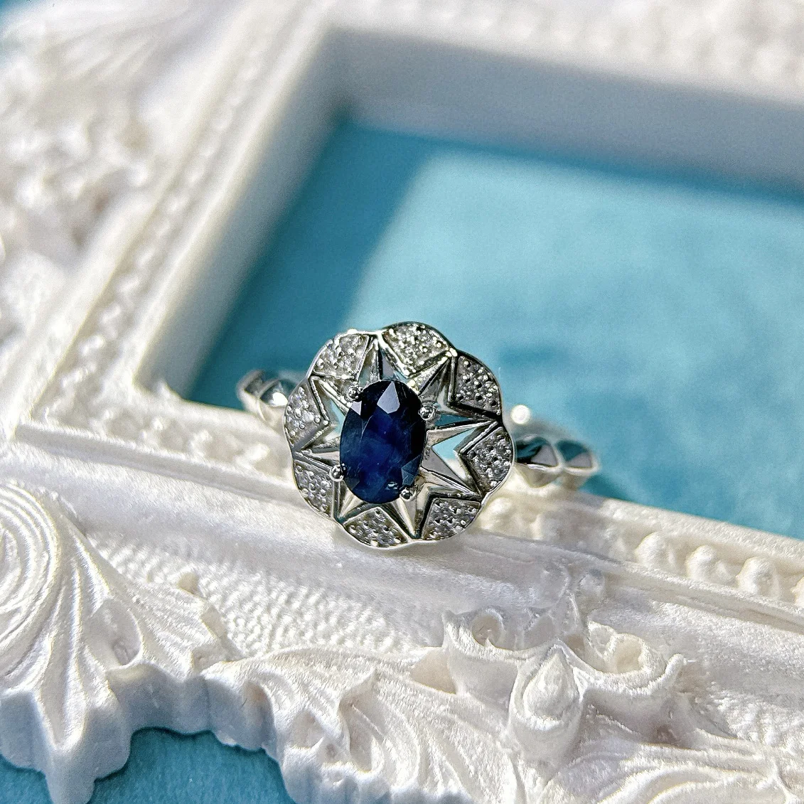 

HT25 Solid 925 Sterling Silver 0.596ct Blue Sapphire Gemstones Rings for Female's Classic Cocktail Rings