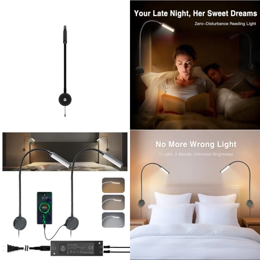 

Headboard Reading Light, Wall Mounted Bedside Book Lamp, Touch Control Dimmable and 3 Color Temperature 3000K/4000K/6000K, Buil