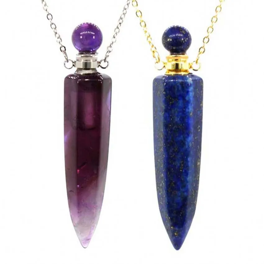 

Crystal Perfume Diffuser Bottle Pendant Necklace For Women Men Natural Amethyst Lapis Lazuli Stone Hexagon Stainless Steel Chain