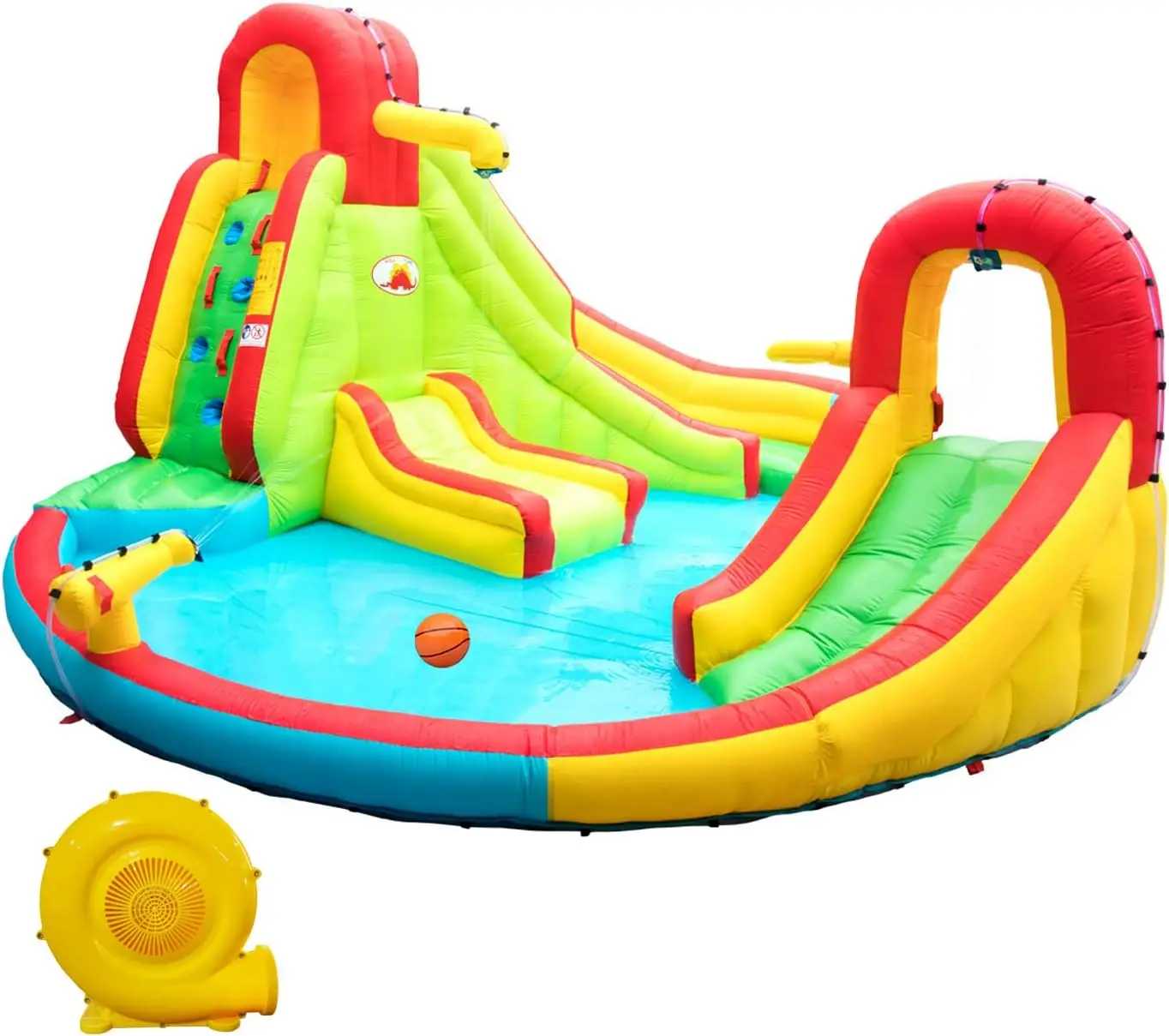 Inflatable Water Park with Blower Dual Water Slide, Climbing Wall, Water Gun, Splash Pool, Lounge, Basketball Hoop and Big Slide