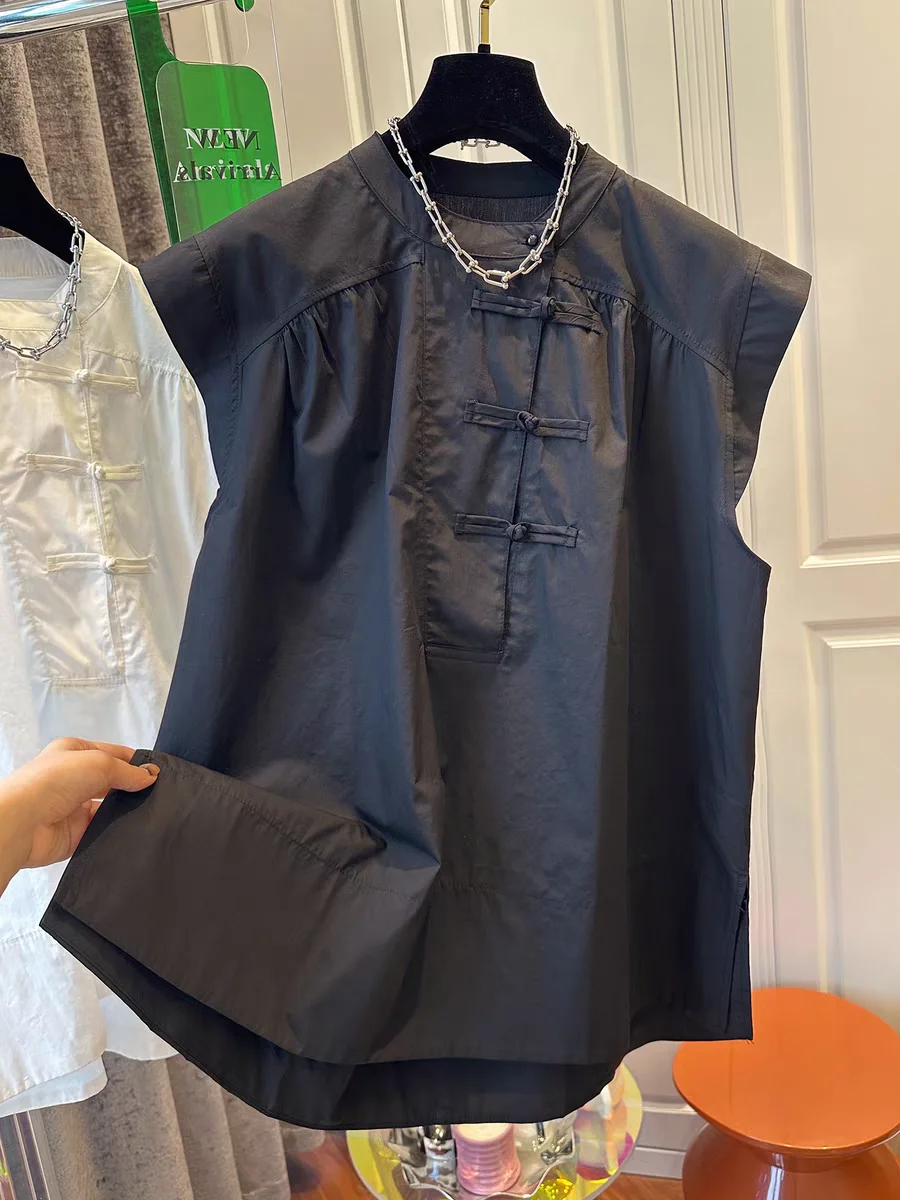 Loose Fit Svel round Ne irt Women's Summer Faion Casual Cotton Linen Blend Traditional Chinese Sle Button Detail