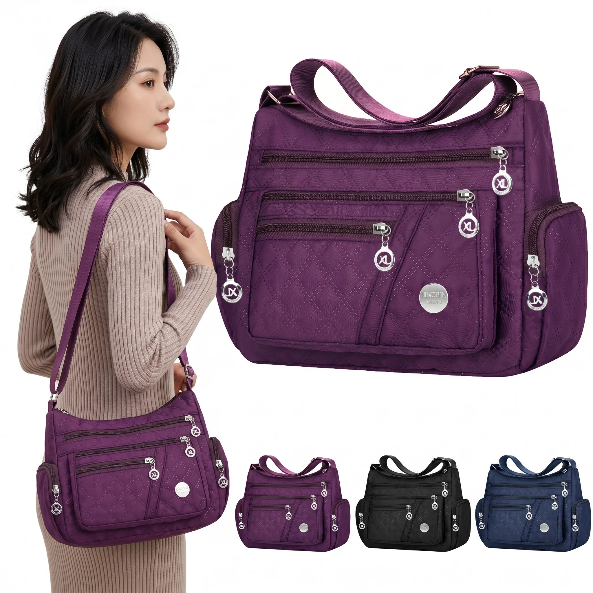 Water Resistant Nylon Multi Zipper Crossbody Bag Large Adjustable Strap Shoulder Purse for Mother Daily Outdoor Shopping Travel