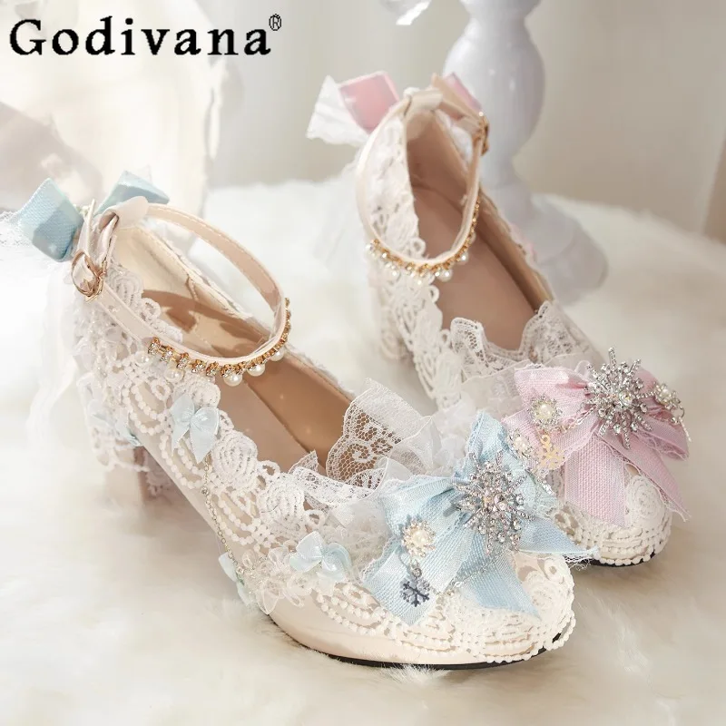

Christmas Knot Love Lolita Shoes Women's Handmade Round Head Thick Heel Lo Shoes Lolita Adult Gift High Heels Pumps Summer