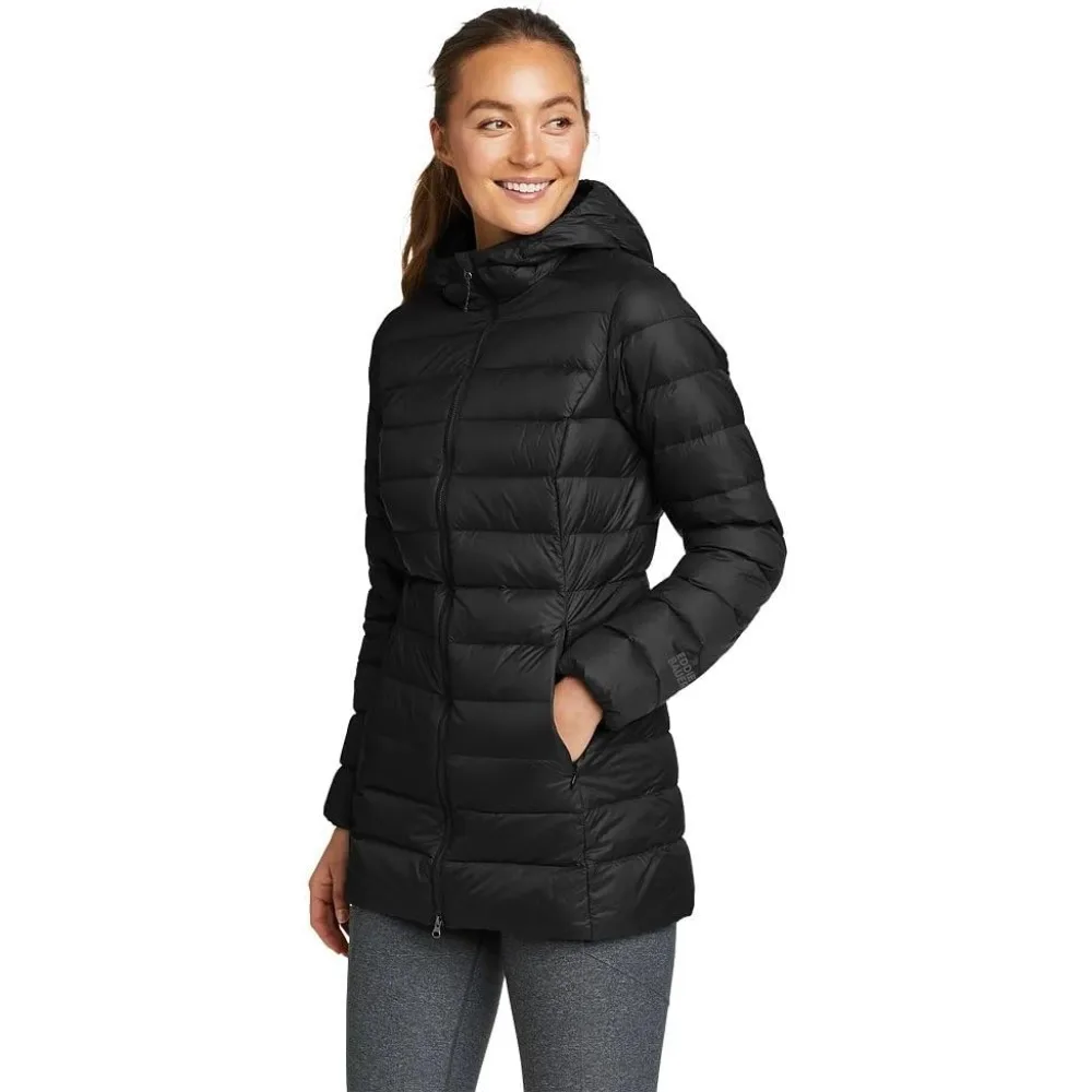 Women's Down Parka 100% Recycled Nylon, Two secure zip side pockets, Elastic at hood and cuffs helps keep cold air out