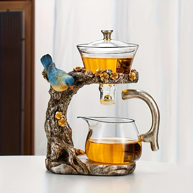 Glass Teapot Set  Bird Design Semi-auto Drip Rotating Bowl With Infuser Lazy Kungfu Tea Pot Set Teacup Magnetic Teapot Gift