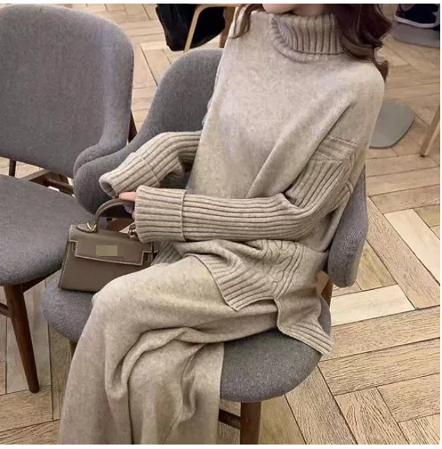 Autumn Winter 2 Pieces Women Sets Knitted Tracksuit 2024 New Turtleneck Sweater and Wide Leg Jogging Pant Pullover Suits