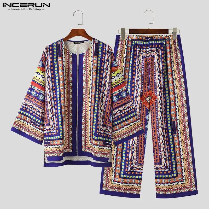 INCERUN Men Sets Ethnic Style Printing 3/4 Sleeve Cardigan Shirt & Pants 2PCS 2024 Steetwear Loose Vacation Men\'s Casual Suits