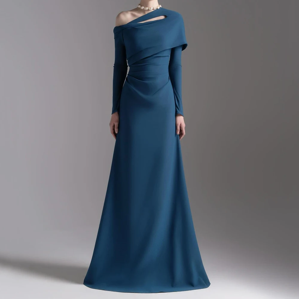 

Customized A-line Evening Dresses Floor-length One-shoulder Full Sleeve Prom Gown Simple Fashion Draped Casual Party Gown