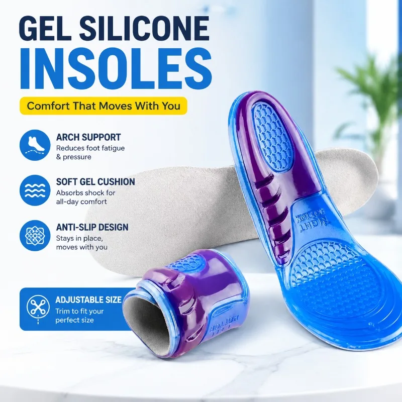 Silicone Insoles Orthotic Arch Support Soft Shoe Inserts Anti-slip Sport Insole for Men Women Adjustable Size