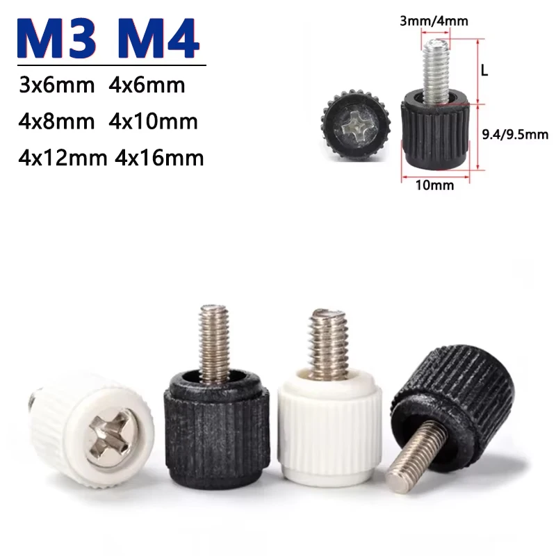 

10pcs M3 M4 Plastic Phillips Thumb Screws White & Black Plastic Head Cross Groove Bolts for Computer Hand Screws Lengths 6-16mm