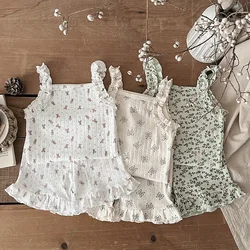 2025 Summer 2PCS Korean Ruffled Sleeveless Knitted Suspender Floral Clothing Set for 0-4 Years 100% Cotton Chic Straps Vest Suit