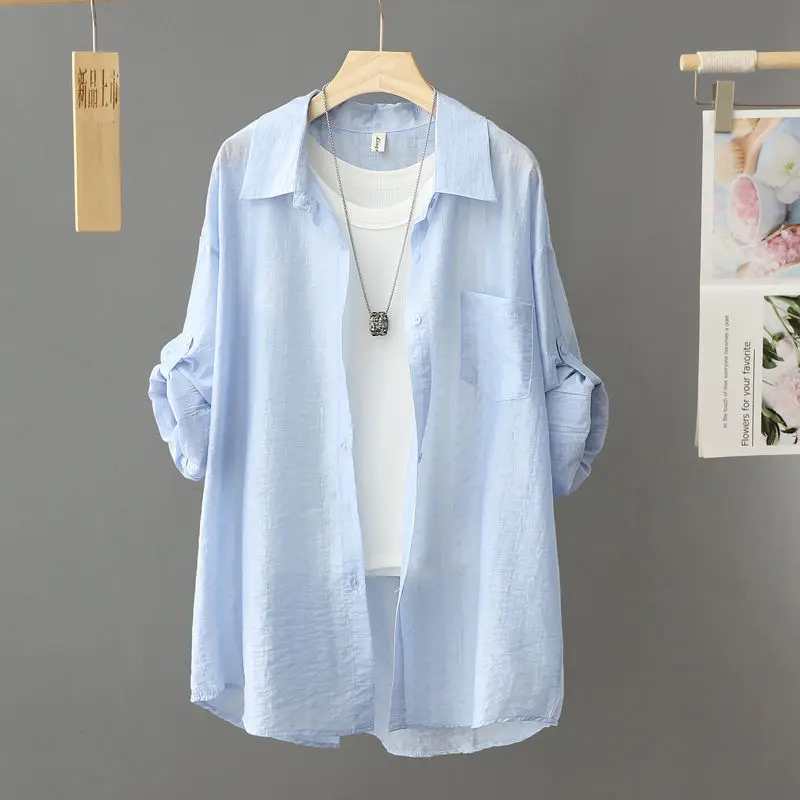 Anti-Wrinkle Iron-Free Casual Blue Sun Protection Shirt Women's Sweet Long Sleeve Open Cardigan Top Thin Outerwear