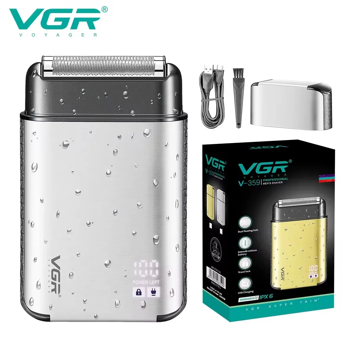 VGR Shaver Professional Electric Razor Waterproof Shaving Machine Portable Beard Trimmer Digital Display Shaver for Men V-359