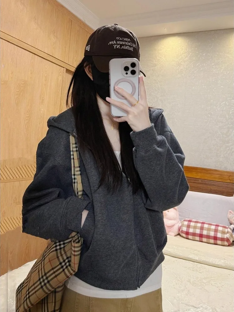 Early Autumn Retro Hoodie Jaet Women Winter 2025 New Loose Casual Versatile Basic Open Cardigan Top Ladies Faion