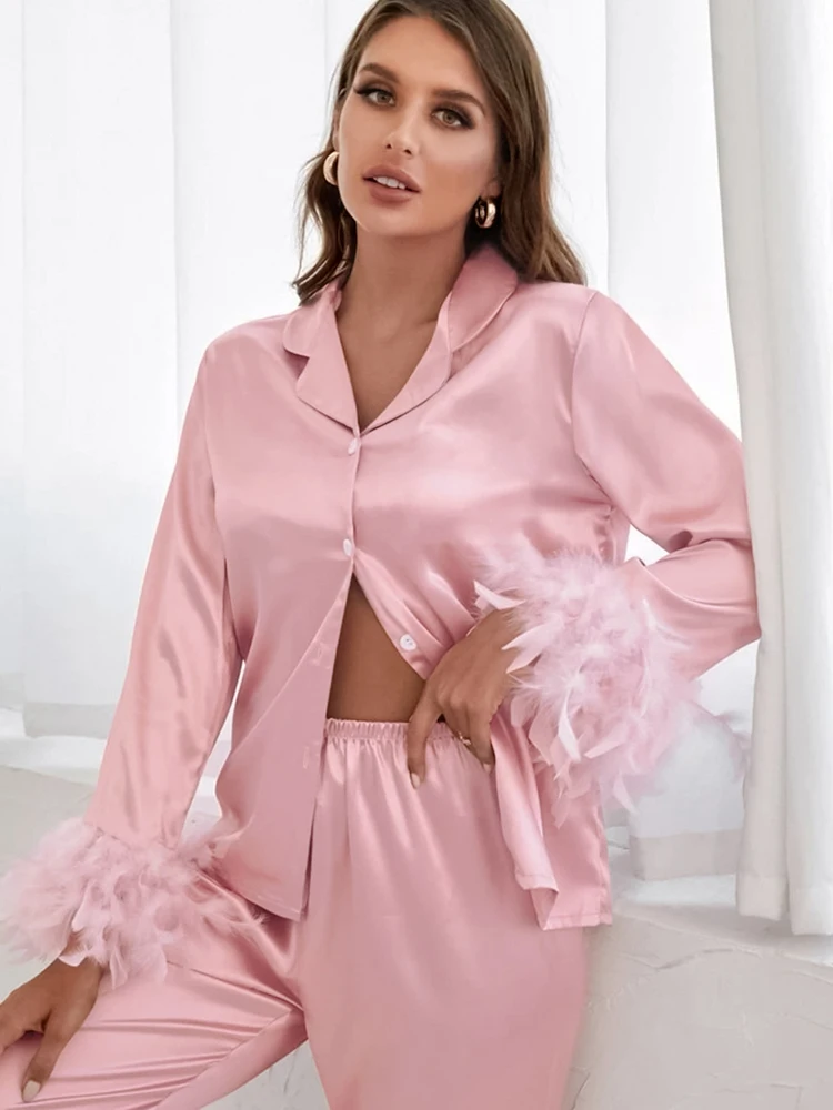 Mnealways18 Feather Long Sleeve Women Home Suit Shirt And Pants Suit White Satin 2 Piece Set Female Button Sleep Two Piece Suits