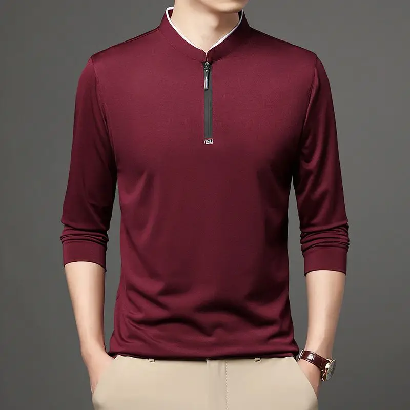 Business Casual Men Zipper Polo Shirts Streetwear Fashion Korean Clothing Spring Autumn New Long Sleeve Solid Versatile Tops