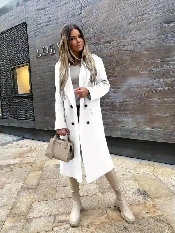Damen Doppelreihiger Langer Trenchcoat mit Revers Elegante Herbst-Winter-Oberbekleidung – Detail 12