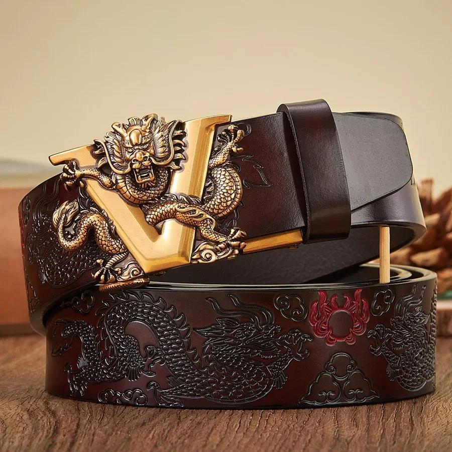 2024 New 3.4CM Male Chinese Dragon Belt Cowskin Genuine Leather Belt for Men Carving Dragon Pattern Automatic Buckle Belt Strap