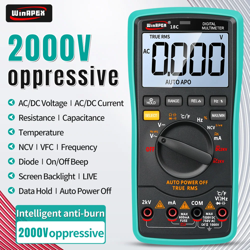 WinAPEX HY18B HY18C Digital Multimeter 5999 Counts True RMS Multimeter 2000V High Voltage AC/DC Volt Amp Ohm Capacitance Meter