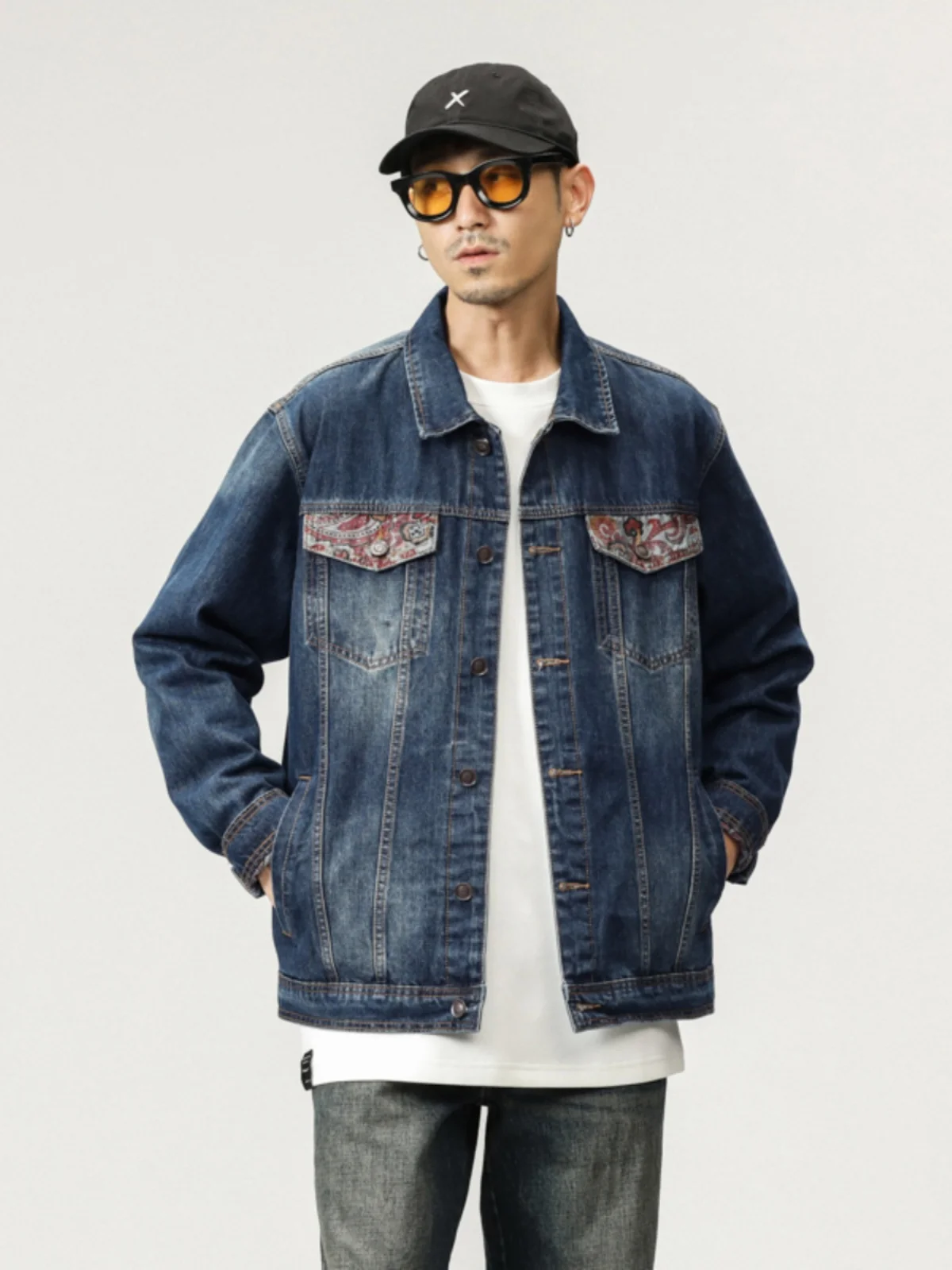 

Высококачественная мужская джинсовая куртка в стиле ретро в американском стиле с принтом в стиле пэчворк, весенне-осенняя рабочая одежда Jaet Long Sve Youth Faion