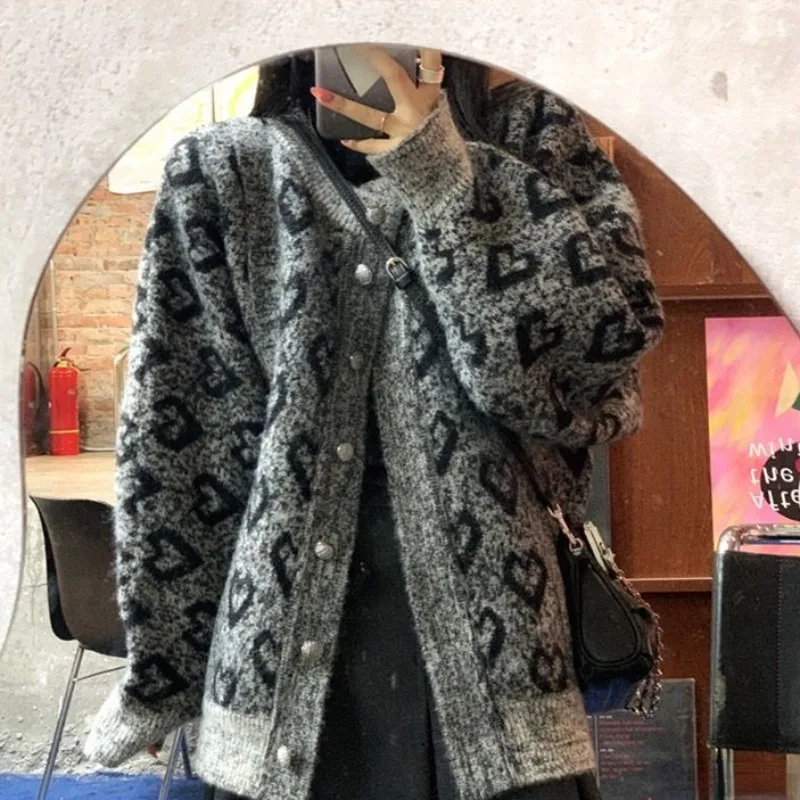 Deeptown Vintage Korean Style Knit Cardigan Youthful Woman Japanese Oversized Sweaters Female Aesthetic Elegant Loose Coats