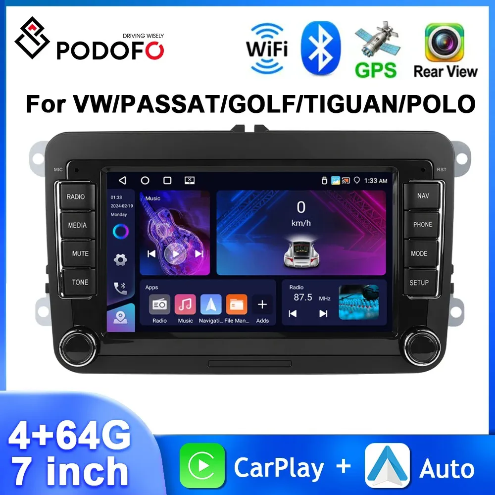 Podofo WIFI 4+64G Car Radio For VW/PASSAT/TOURAN/GOLF/CADDY Multimedia Player GPS Navigation Carplay Android Auto 7'' Car Audio