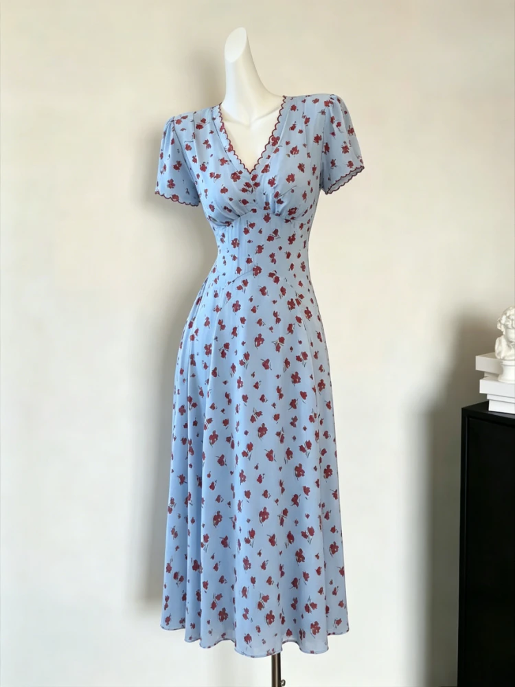 Vintage Floral Dress Women Elegant Lace Chiffon Korean Party Dress Puff Sleeve V Neck Midi Dress Fall Dresses for Women 2024