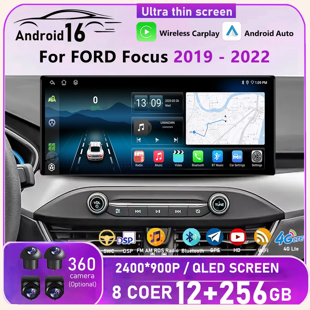 Wireless Carplay 2400*900P Android 16 Auto Bluetooth WIFI DSP 12.3 Inch For FORD Focus 2019-2022 Multimedia Plyaer Stereo FM