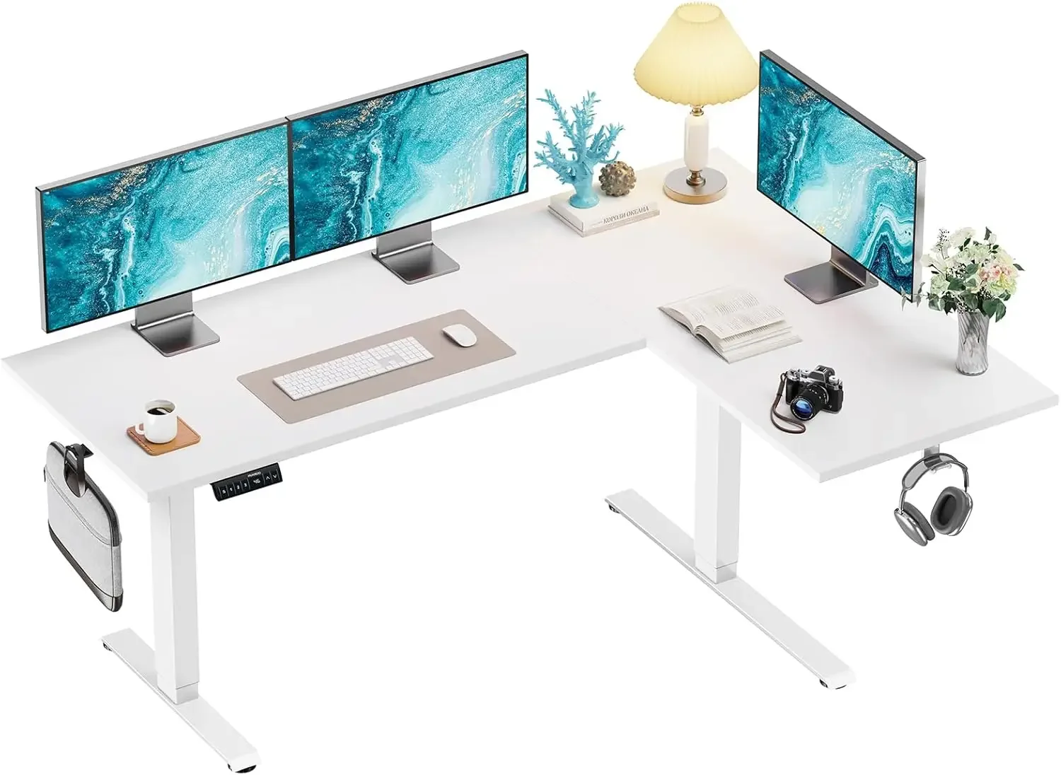 

71 x 48 inch Dual Motor L Shaped Electric Standing Desk with 3 Preset Heights, Electric Height Adjustable Computer Table