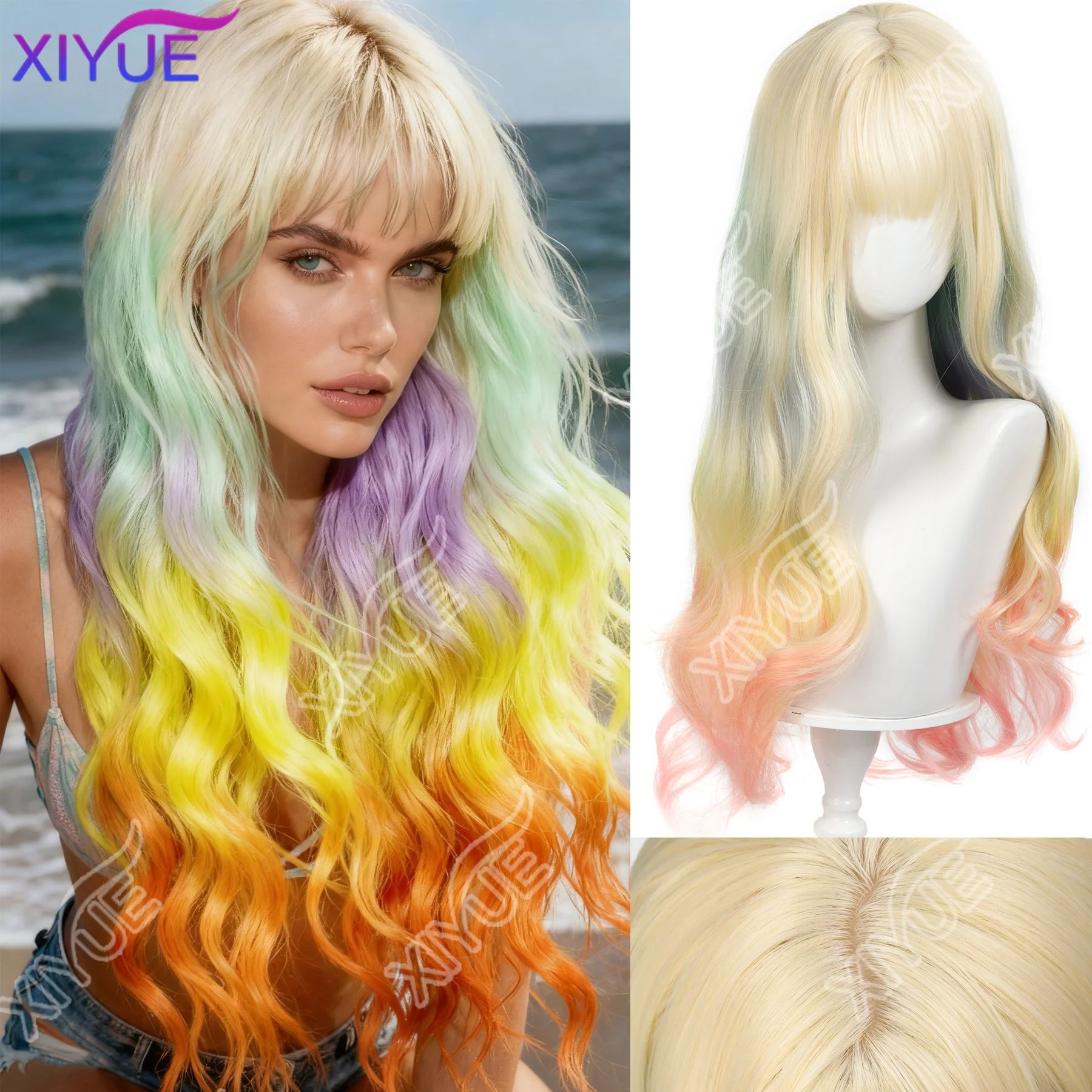 

XIYUE Длинный волнистый блондин с градиентом цвета, парики с челкой, парики для ежедневного использования, синтетический оранжевый свободный волнистый парик для Хэллоуина