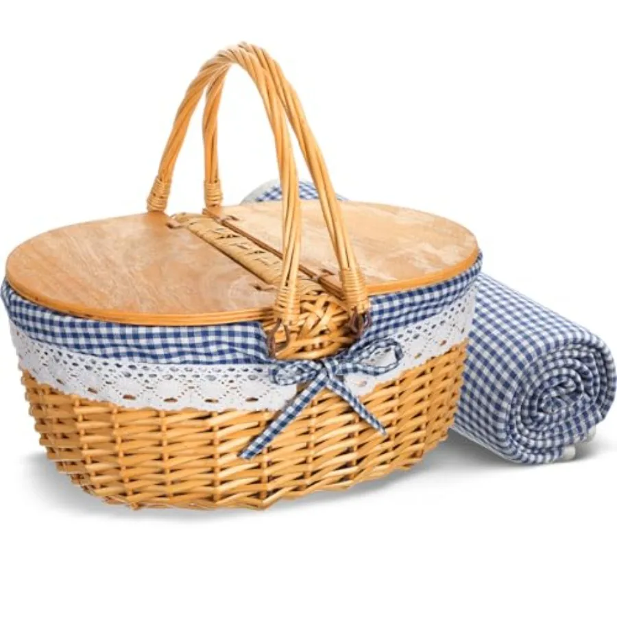

Outdoor picnic basket with washable lining, vintage blue wicker and wood construction, sturdy woven body, includes matching bla
