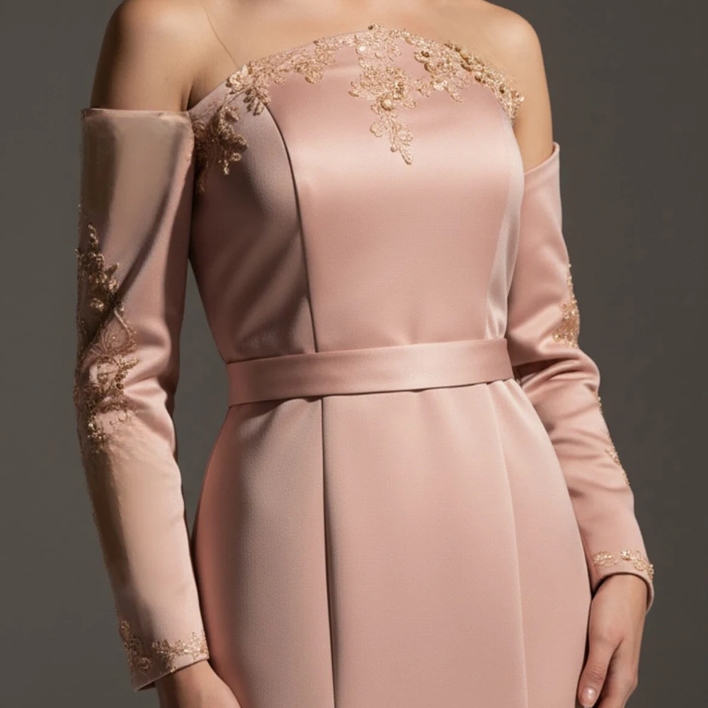 Customized Mermaid Evening Dresses Floor-length Off The Shoulder Full Sleeve Prom Gown Fashion Sequined Flowers Party Gown