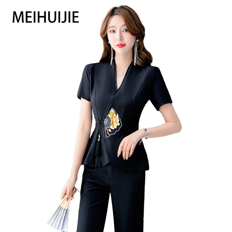 Madam Chinese Ancient Style Slanted Placket Short Sleeved Trousers Set Hotel Reception Waiter Uniform Salon Massage Work Clothes